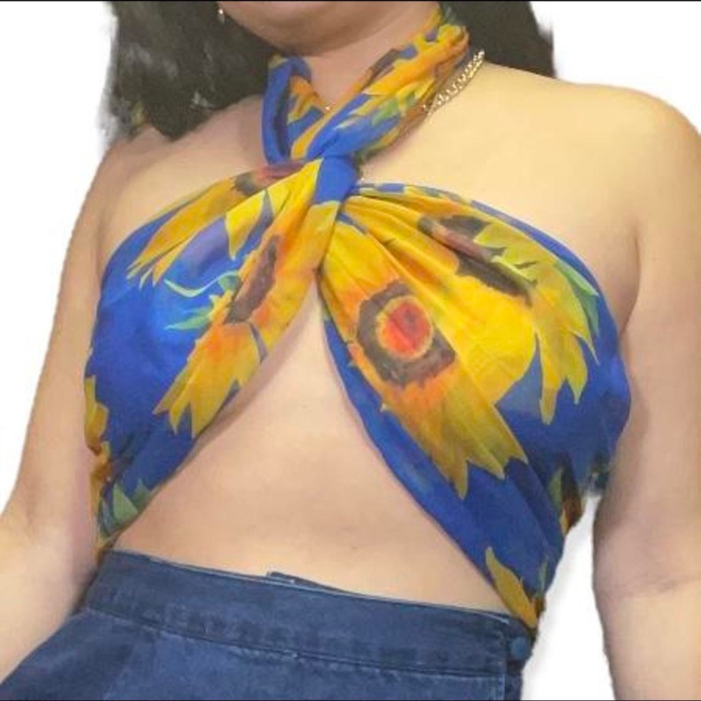 Art of the Scarf Tie Rack Italy Sunflower Scarf Wrap Floral Sheer Yellow Blue